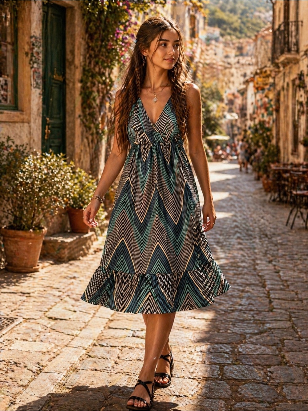 LARA Teal and Black Chevron V-Neck Midi Dress